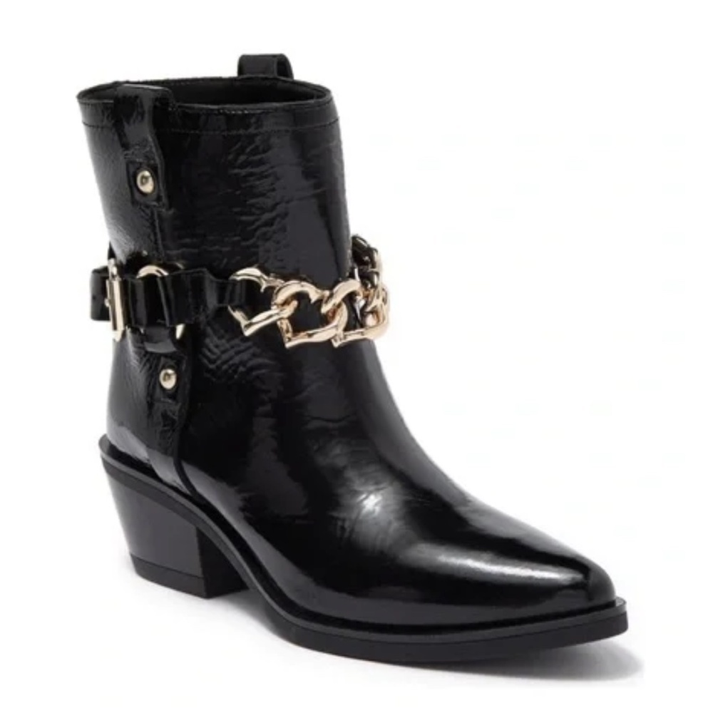 NEW Love Moschino Western Pointy Harness Patent Leather Ankle Boot in Bl…
